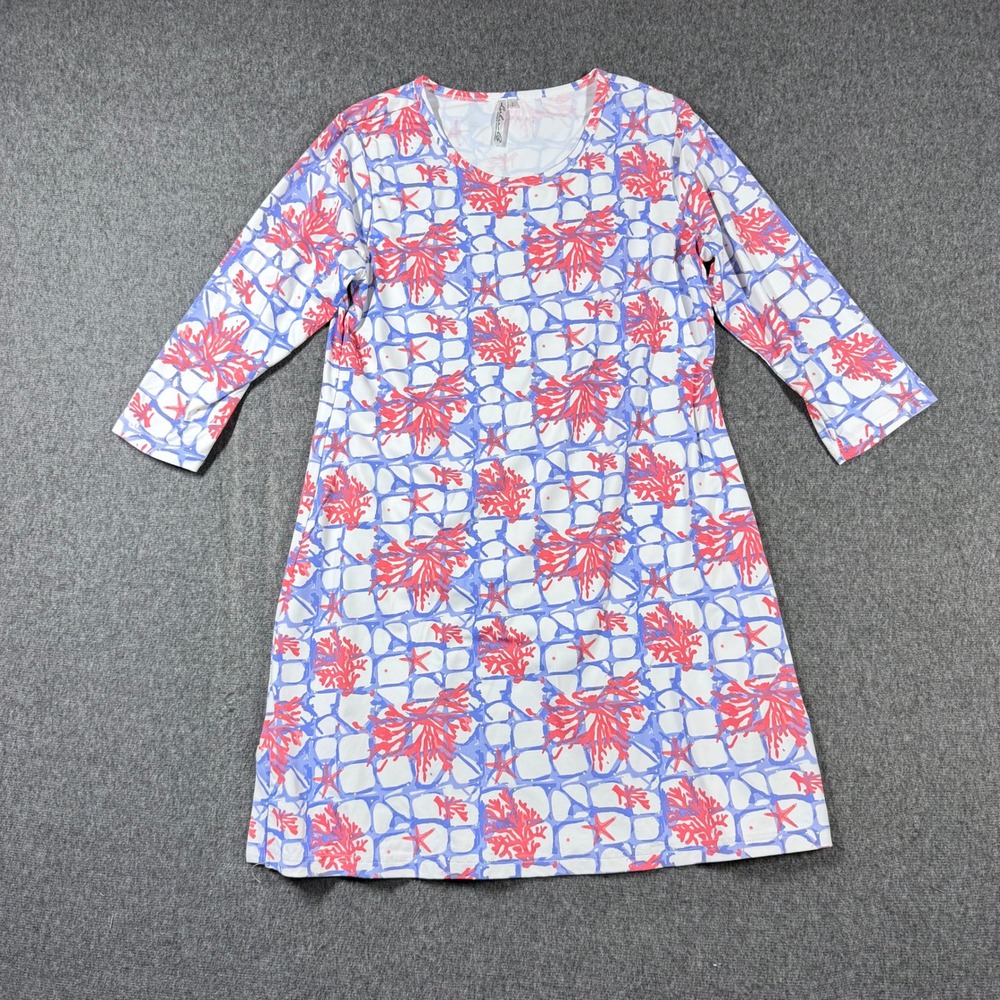 Lulu-B Women Large Red Blue Coral Starfish Print 3/4 Sleeve Shift Dress Coastal